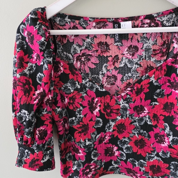 NWOT H&M S Y2K Romantic Coquette Milkmaid Boho Dark Floral Puff Sleeve Crop Top - Picture 7 of 15